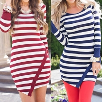 Sexy Striped Round Neck Long Sleeve Irregular Hemline Bodycon Dress
