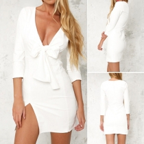 Sexy Solid Color Bowknot V-neck 3/4 Sleeve Cut-out Hemline Dress