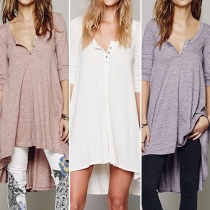 Casual Style Solid Color Single-breasted Round Neck Half Sleeve High-low Hemline Dress