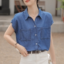 Fashion 2-side Pockets Single-breasted Lapel Sleeveless Denim Blouse For Women