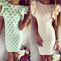 Sexy Dots Printed Round Neck Backless Ruffle Sleeve Slim-fitting Dress