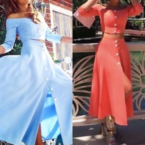 Sexy Buttons Down Off Shoulder Half Sleeve Crop Tops + Skirt Two-piece Set