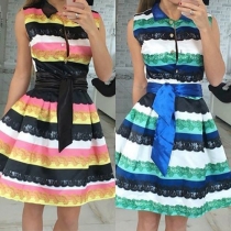 Stylish Striped Printed Lapel Sleeveless Gathered Waist Dress