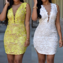 Sexy Lace Spliced Deep V-neck Sleeveless Backless Bodycon Dress