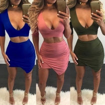 Sexy Solid Color Scoop Neck Crop Tops and Irregular Hemline Skirt Two-piece Set
