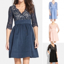 Elegant Lace Spliced Hollow Out Deep V-neck Half Sleeve Gathered Waist Dress