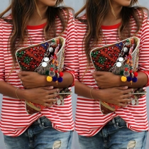Casual Style Round Neck Long Sleeve Striped Loose-fitting T-shirt