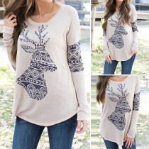 Cute Style Elk Printed Round Neck Long Sleeve T-shirt