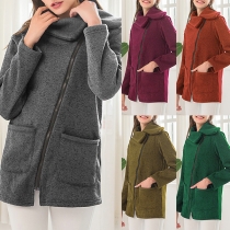 Casual Style 2-side Pockets Lapel Long Sleeve Oblique Zipper Sweatshirt For Women (Size falls small)