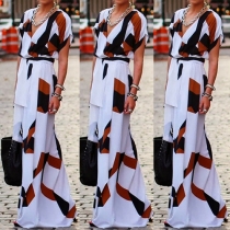 Sexy Printed Deep V-neck Short Sleeve Gathered Waist Maxi Dress