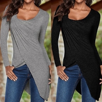 Fashion Solid Color Round Neck Long Sleeve Irregular Hemline T-shirt