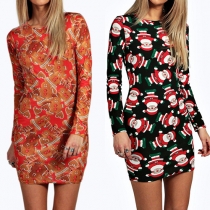 Sexy Santa Printed Round Neck Long Sleeve Slim Fit Dress