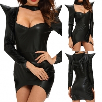 Sexy Solid Color Low-cut Long Sleeve Hooded High-low Hemline Bodycon Dress