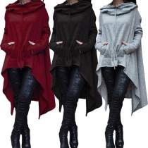 Fashion Solid Color Long Sleeve Hooded Irregular Hemline Sweatshirt For Women