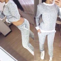 Casual Contrast Color Round Neck Long Sleeve Tops and Pants Two-piece Set
