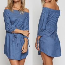 Sexy Solid Color Off Shoulder Half Sleeve Drawstring Waist Denim Dress