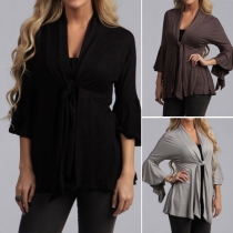Trendy Solid Color Front Knotted 3/4 Sleeve Ruffle Coat For Women