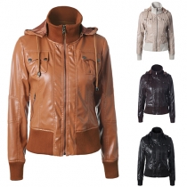Fashion Ribbed Spliced Turtleneck Hooded Long Sleeve PU Leather Jacket For Women