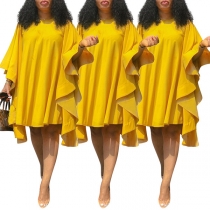 Stylish Solid Color Round Neck Cold Shoulder Ruffle Sleeve Irregular Hemline Dress