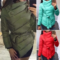 Fashion Solid Color Oblique Hasp Long Sleeve Knotted Irregular Hemline Padded Coat