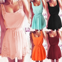 Elegant Solid Color U-Neck Sleeveless Hollow Out Drawstring Waist Chiffon Dress