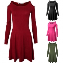 Sexy Solid Color Cold Shoulder Round Neck Long Sleeve Dress