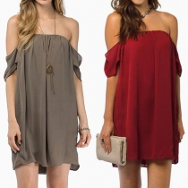 Sexy Solid Color Off Shoulder Backless Short Sleeve Chiffon Dress