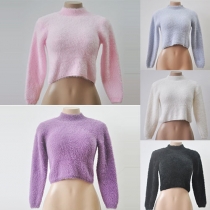 Sexig enfärgad polokrage långärmad Fuzzy Crop top