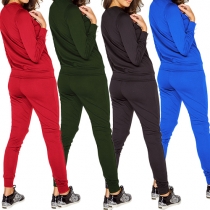 Casual Style Solid Color Zipper Long Sleeve Tops and Pants Two-piece Set