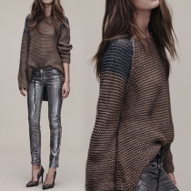 Fashion Contrast Color Round Neck Long Sleeve Sweater For Women