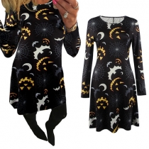 Trendy Moon Bat Printed Round Neck Long Sleeve Dress