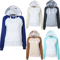 Casual Style Contrast Color Front Pocket Hooded Raglan Sleeve Women's Sweatshirt