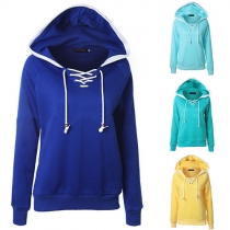 Casual Style Contrast Color Hooded LOng Sleeve Lace-up Sweatshirt For Women