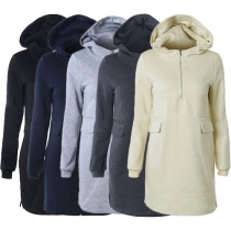 Casual Style Front Zipper Hooded Long Sleeve Slit Hem Women's Sweatshirt