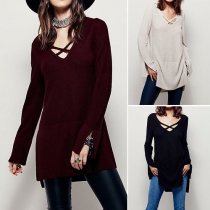 Sexy Solid Color Front Cross V-neck Long Sleeve Slit Hem Knit Sweater