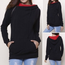 Casual Style Contrast Color Front Pocket Hooded Long Sleeve Women's Sweatshirt