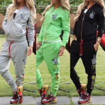 Casual Style Printed Long Sleeve Front Zipper Drawstring Waist Sports Suit