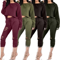 Moderiktig Utskuren Enfärgad Långärmad Crop Top + Tvådelade Byxor