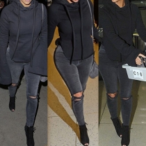 Fashion Solid Color Hooded Long Sleeve Side Slit Slim Fit Sweatshirt For Women