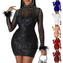 Sexig Strassprydd Polokrage Långärmad Bodycon Klänning