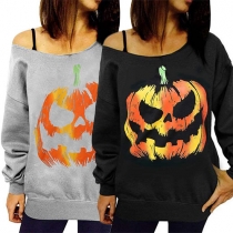Creative Style Pumpkin Printed Boat Neck Long Sleeve Women's Sweatshirt