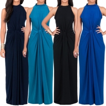 Sexy Solid Color Round Neck Sleeveless Front Knotted Maxi Dress