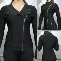 Fashion Solid Color Long Sleeve Lapel Oblique Zipper Women's Sport Tops