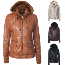 Trendy Solid Color Long Sleeve Hooded Zipper Pockets PU Coat
