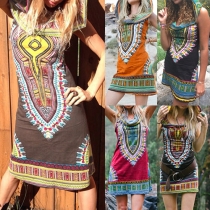 Bohemia Style Printed Hooded Sleeveless Slim Fit Dress