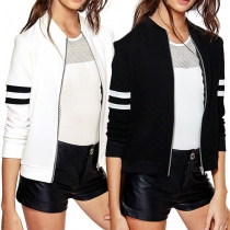 Fashion Striped Spliced Front Zipper Long Sleeve Jacket For Women