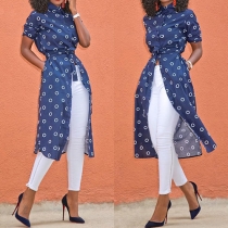 Fashion Dots Printed Single-breasted Lapel 3/4 Sleeve Trench Coat with Waist Strap
