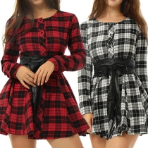 Fashion Round Neck Long Sleeve Single-breasted Lattice Blouse Dress with Waist Strap