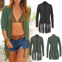 Fashion Solid Color Long Sleeve Tassel Hem Cardigan