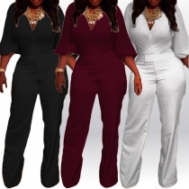 Sexy Solid Color Deep V-neck Long Sleeve Gathered Waist Jumpsuit